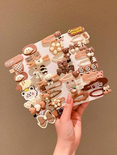 10/14/24pcs Brown Hair Clips Hair Accessories For Girls, Cartoon Clips For Autumn/Winter