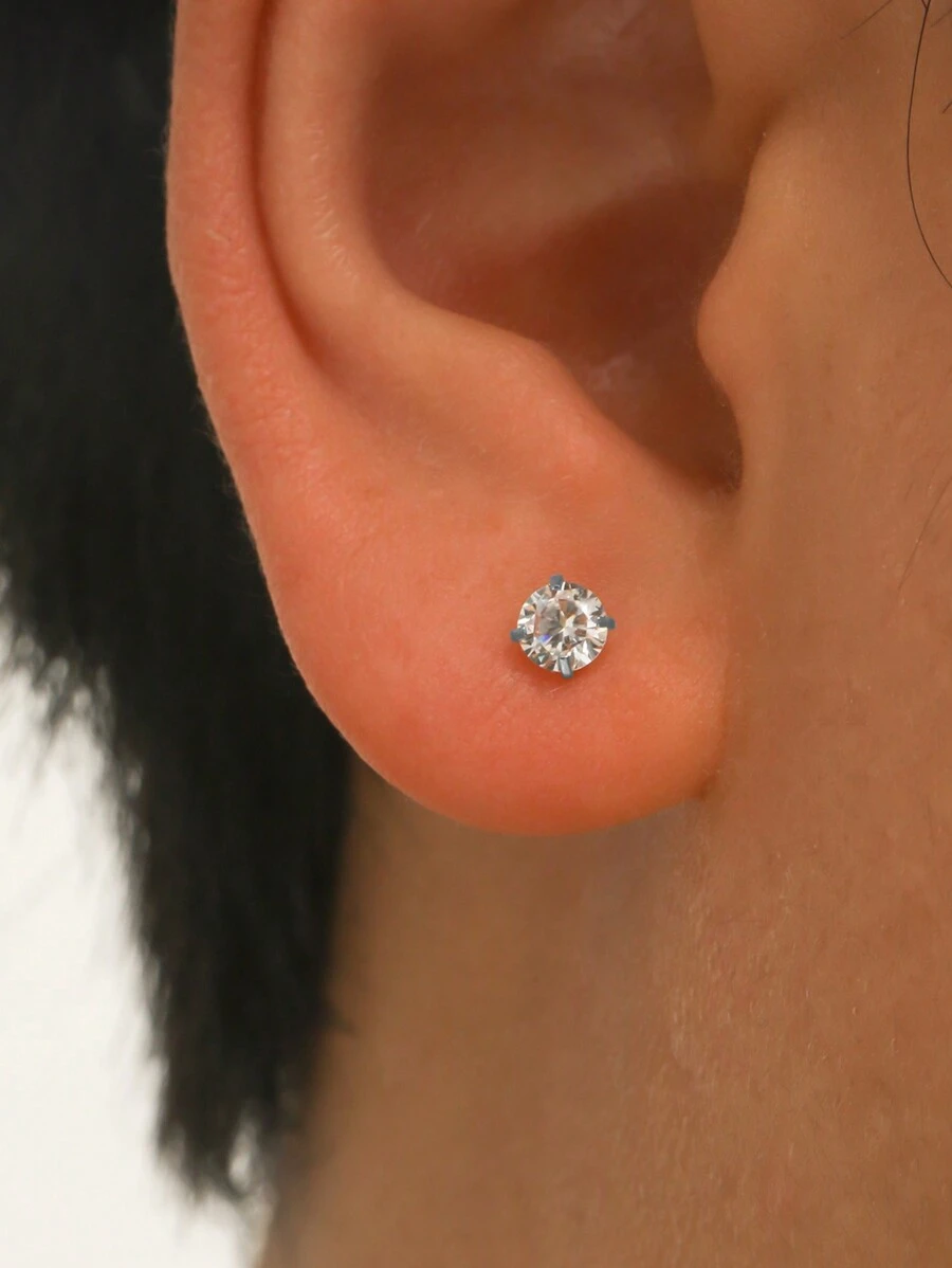 1pair European And American Style Four-prong Cubic Zirconia Screw Back Stud Earrings (3/4/5/6/7/8mm) For Men - Silver - View 1