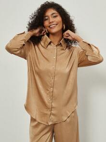 女士时尚休闲缎面衬衫和阔腿裤套装