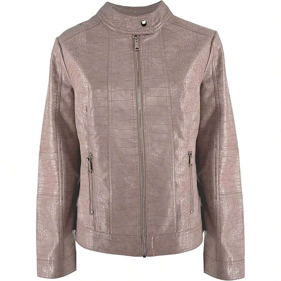 JOPHY & CO. Women's Short Jacket In PU Leather With Pockets, Zippers And Korean Neckline (Code 8820) - Camel Crocodile - View 1
