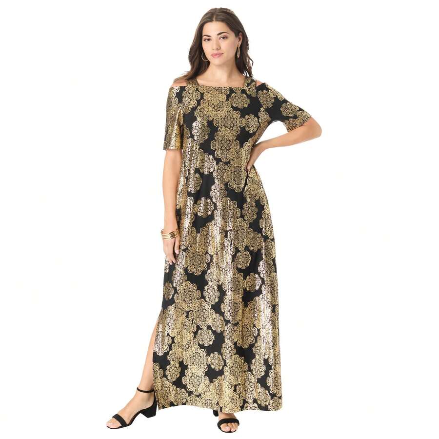Roaman's Women's Plus Size Petite Plus Size Cold Shoulder Maxi Dress - 黑箔獎章 - 查看 1