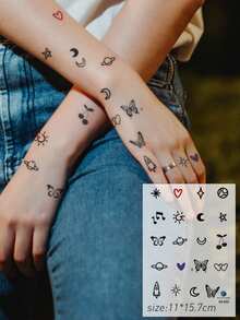 1 件简约卡通 Y2K 新月、蝴蝶、爱心、音符临时纹身贴纸，适用于手指、耳朵、肩膀、颈部、锁骨、身体 - 彩色 - 查看 2