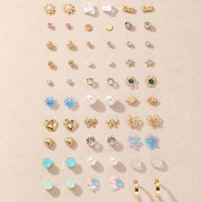 30 件/套女孩花朵、蝴蝶、字母耳钉套装