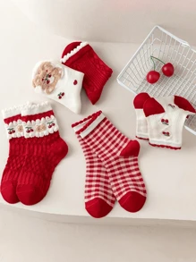 5 Pairs Of Children's Socks Autumn/Winter Red Mid-Tube Socks Winter Baby New Year Socks Cute Bear Sweet Lace Socks Fashion Cherry Pattern Design Suitable For Daily Or Festive Wear