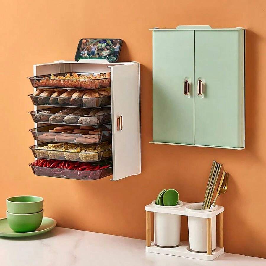 A Multi-Layer Kitchen Foldable Multi-Functional Storage Rack Wall-Mounted Punch-Free Food Preparation Tray - Beige Six Layers - View 1
