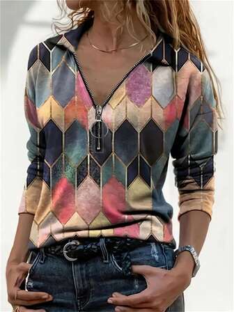 欧美跨境菱形图案印花长袖T恤、高领上衣秋/春