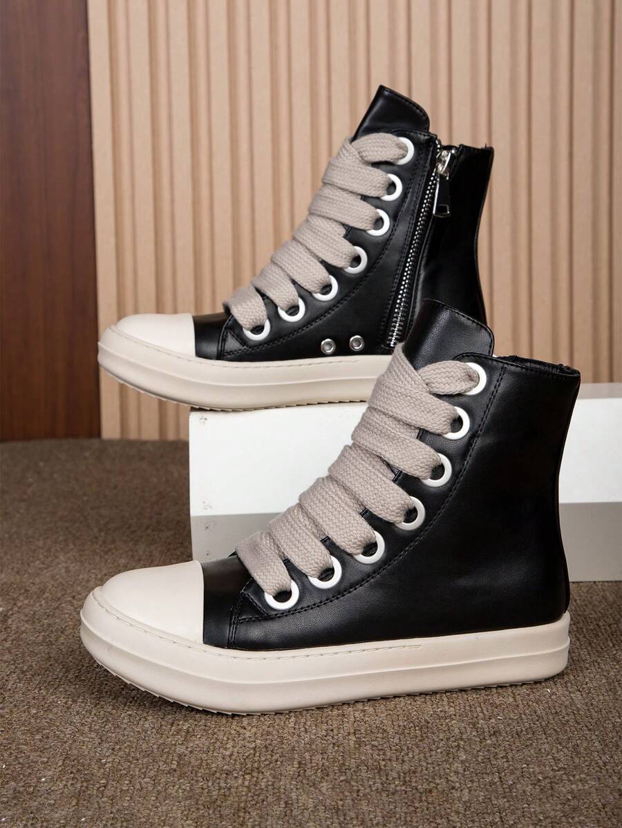 Opplen Lace-Up Front High Top Skate Shoes Pu Leather Sport Shoes With Side Zipper And Comfortable Soft Sole - 黑2 - 查看 1