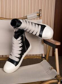 Opplen Lace-Up Front High Top Skate Shoes Pu Leather Sport Shoes With Side Zipper And Comfortable Soft Sole - 黑2 - 查看 5