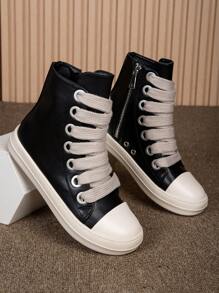 Opplen Lace-Up Front High Top Skate Shoes Pu Leather Sport Shoes With Side Zipper And Comfortable Soft Sole - 黑2 - 查看 3