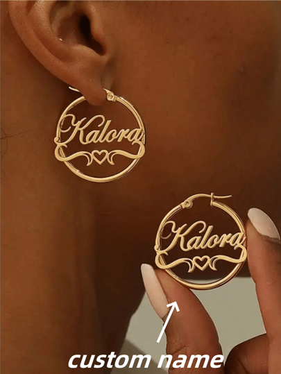 1pc Gold Silver Custom Personalized Heart-Shaped Name Earrings, Women's Stainless Steel Fashion Jewelry, Simple And Elegant Style, Suitable For Daily Wear, For Family Friends And Lovers Birthday, Christmas Gifts