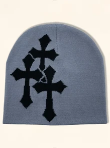 1 pieza Gorro tejido con diseño de cruz unisex estilo Y2k, gorro de punto cálido de hip hop y streetwear, adecuado para uso diario y deportes al aire libre