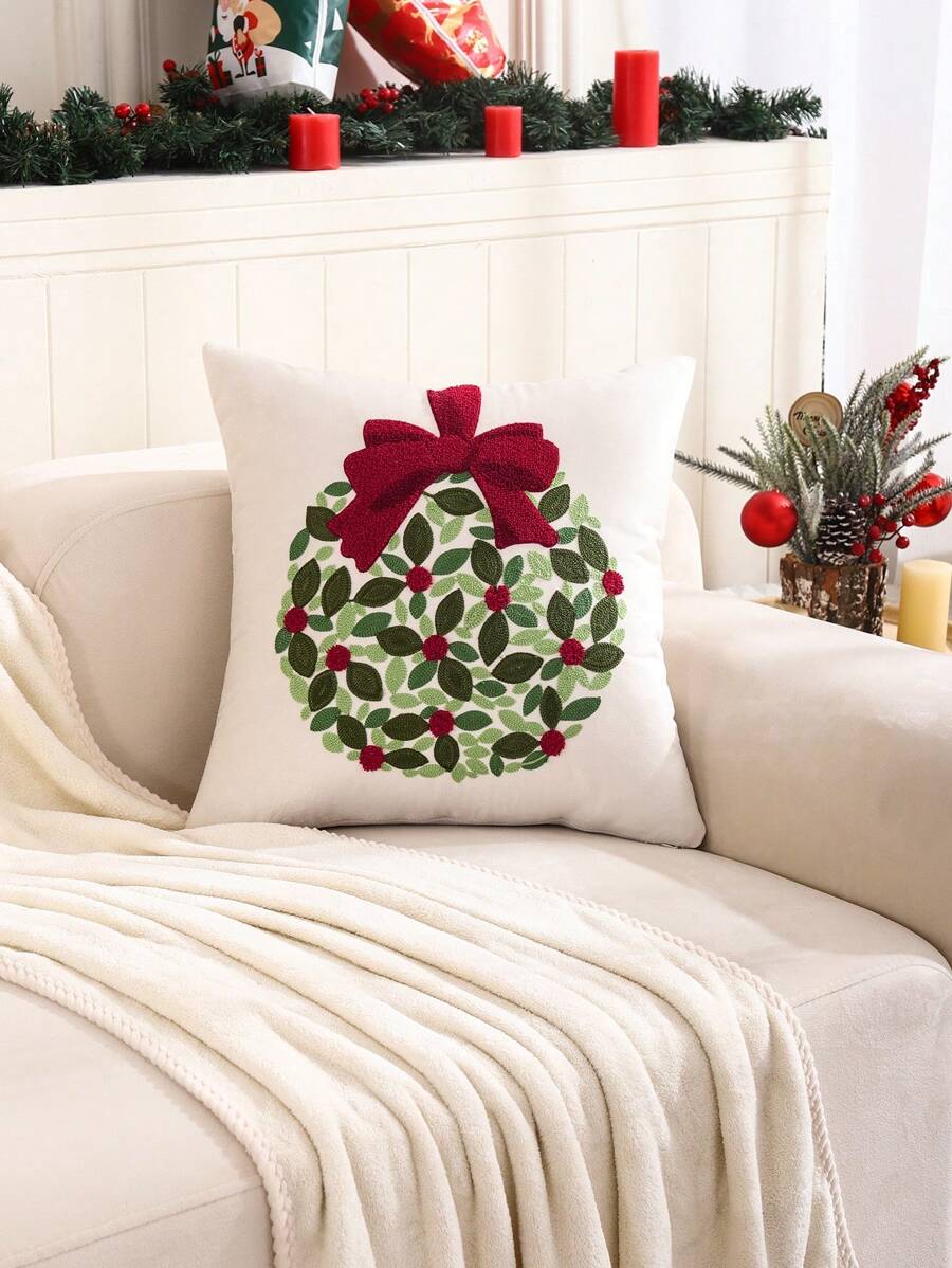 Miater 1pc Christmas Pillow Case, Velour Fabric With Embroidered Christmas Tree, Bell And Candles - Multicolor - View 1