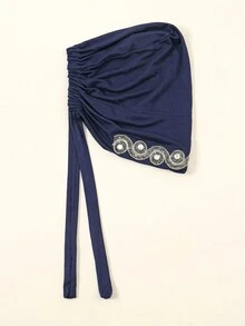 1 件时尚纯色水钻装饰穆斯林领带头巾，百搭日常佩戴头巾，适合日常使用 - 藏青色 - 查看 4