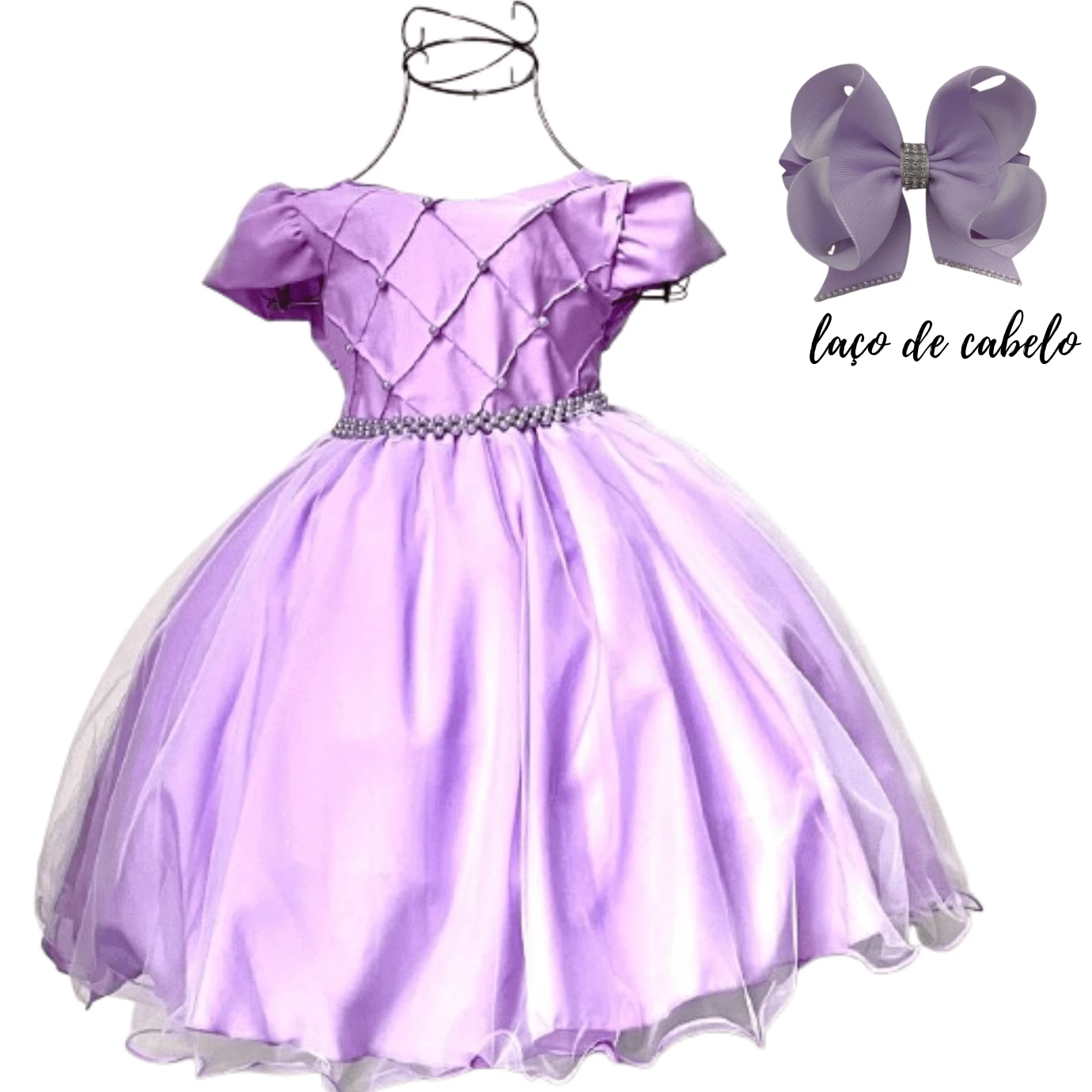 Vestido infantil de festa lilás  daminha casamento formatura com pérolas tamanho 1 ao 12 com laço de cabelo  3098 - Lavanda - Visão 1