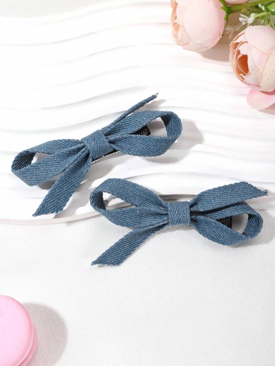 2pcs Thick Denim Bow Hair Clips, Elegant Side Bangs Clips