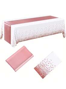 2 paquetes de juegos de mantel desechable de plástico y camino de mesa de satén, mantel blanco con puntos plateados y camino de mesa de satén plateado para bodas, cumpleaños, aniversarios, Navidad, Año Nuevo y fiestas