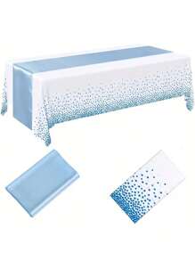 2 paquetes de juegos de mantel desechable de plástico y camino de mesa de satén, mantel blanco con puntos plateados y camino de mesa de satén plateado para bodas, cumpleaños, aniversarios, Navidad, Año Nuevo y fiestas