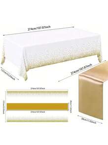 2 paquetes de juegos de mantel desechable de plástico y camino de mesa de satén, mantel blanco con puntos plateados y camino de mesa de satén plateado para bodas, cumpleaños, aniversarios, Navidad, Año Nuevo y fiestas