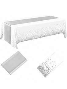 2 paquetes de juegos de mantel desechable de plástico y camino de mesa de satén, mantel blanco con puntos plateados y camino de mesa de satén plateado para bodas, cumpleaños, aniversarios, Navidad, Año Nuevo y fiestas