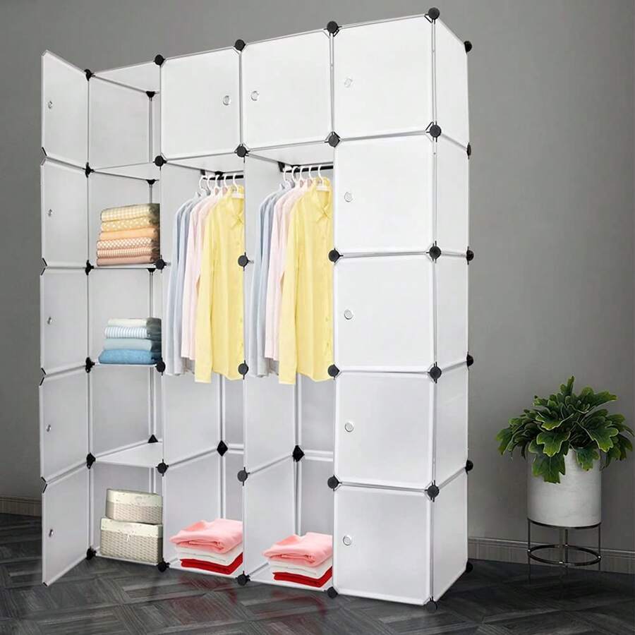 Armario con Sistema de Estanterías 20 Cubos, Sistema de Armario Modular DIY con Puertas, Ahorro de Espacio, Sistema de Estanterías para Armario Ampliable, 180 x 142 x 37 cm, Blanco - 180x142x37cm - Ver 1