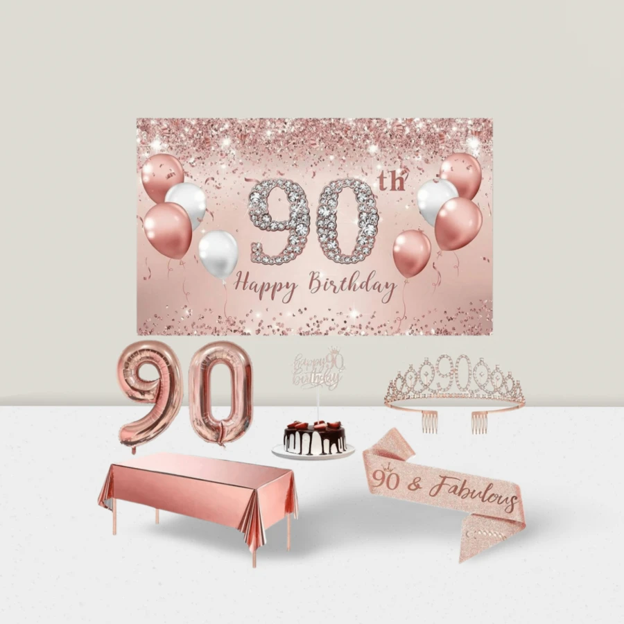 Decoración de fiesta de 90 cumpleaños para mujeres, pancarta y mantel de cumpleaños 90 en rosa dorado, faja y tiara "90 & fabulosa", 1 pieza de adorno de torta "Feliz 90 cumpleaños", globos con número 90 en rosa dorado - Dorado - Ver 1