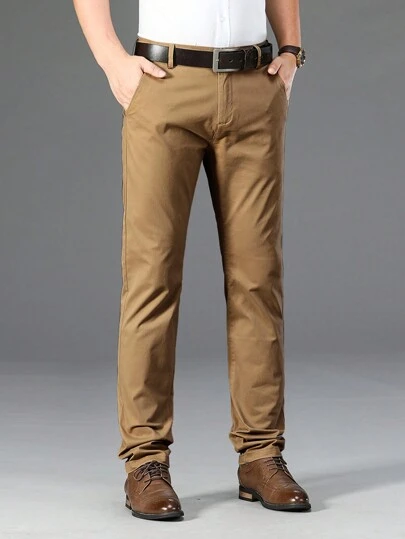 Men's Solid Color Pocket Straight Casual Suit Pants