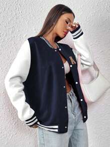 1 szt. nastoletnia dziewczyna luźna, swobodna, patchworkowa, blokowa, z nadrukiem w litery, dzianinowa, ściągaczowa, sportowa kurtka z zamkiem błyskawicznym, mundur baseballowy, wiosna/jesień/zima