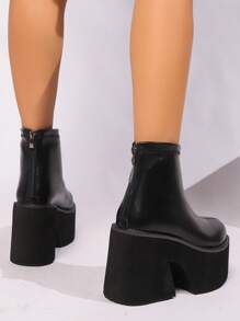 完美搭配上衣，朋克摇滚厚底女式踝靴，春秋季粗跟靴中筒摩托车靴，黑色高跟 11 厘米 - 黑色 - 查看 6