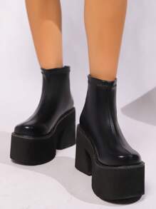 完美搭配上衣，朋克摇滚厚底女式踝靴，春秋季粗跟靴中筒摩托车靴，黑色高跟 11 厘米 - 黑色 - 查看 4