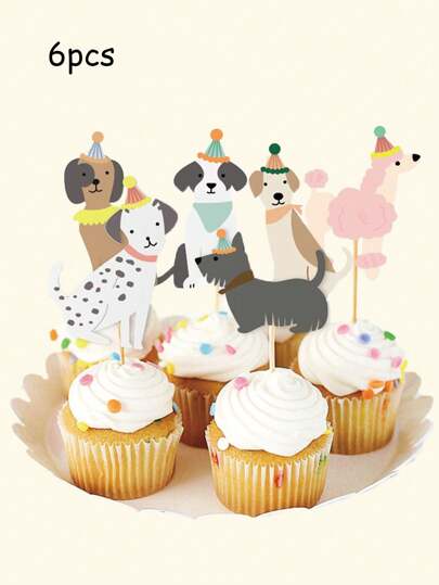 6/12 件狗狗纸杯蛋糕装饰物、可爱小狗主题纸杯蛋糕签、狗狗领养宠物主题生日派对蛋糕装饰用品。