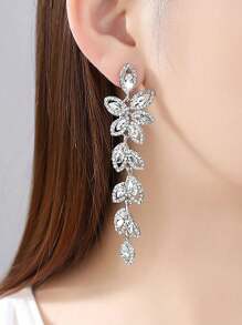 1 Pair Luxury Rhinestone Leaf-Shaped Long Earrings, Gift For Women Wedding Party Festival