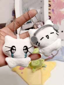 قلادة بشكل قطة مع سماعات موسيقية قطعة واحدة، قلادة مفتاح قطة باكية، زينة حقيبة الظهر دمية ناعمة كرتونية للشفاء