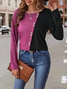 Elegant Round Neck Long Sleeve Button Decor Top, Suitable For Spring ...