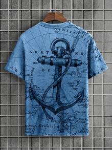 Men's Plus Size Anchor Nautical Map Crew Neck Short Sleeve T-Shirt - Baby Blue - View 3
