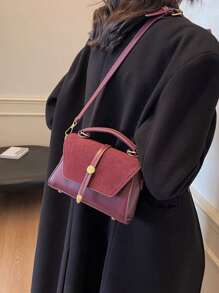 2026 New Suede Matte Finish With PU Small Square Bag, Burgundy Vintage Shaped Mini Shoulder Bag, Elegant Versatile Commuter Crossbody Phone Bag, Suitable For Daily Use, Dating, Gift, Gold Buckle Design Handbag - Burgundy - View 5