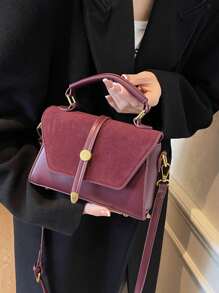 2026 New Suede Matte Finish With PU Small Square Bag, Burgundy Vintage Shaped Mini Shoulder Bag, Elegant Versatile Commuter Crossbody Phone Bag, Suitable For Daily Use, Dating, Gift, Gold Buckle Design Handbag - Burgundy - View 3