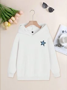 Áo nỉ in hình ngôi sao, kiểu dáng thường ngày, phù hợp cho bé gái và thiếu nữ, thiết kế tay dài dày dặn giữ nhiệt, lý tưởng cho học sinh vào mùa thu/đông. - trắng - Xem 4