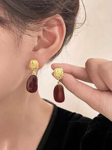 5 件/套方形勃艮第花卉珐琅和人造珍珠耳钉，时尚优雅几何耳环套装 - 彩色 - 查看 5