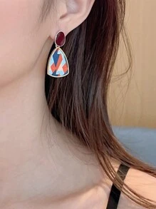 5 件/套方形勃艮第花卉珐琅和人造珍珠耳钉，时尚优雅几何耳环套装 - 彩色 - 查看 4