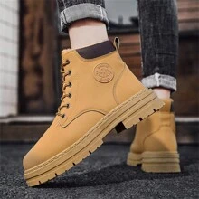 Męskie klasyczne buty termiczne z podszewką, ciepła podszewka, skóra PU, jednolity kolor, buty, antypoślizgowa elastyczna podeszwa, odporne na ścieranie, okrągły nosek, sznurowane buty z wysoką cholewką, grube trampki, buty do wędrówek na świeżym powietrzu
