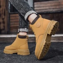 Męskie klasyczne buty termiczne z podszewką, ciepła podszewka, skóra PU, jednolity kolor, buty, antypoślizgowa elastyczna podeszwa, odporne na ścieranie, okrągły nosek, sznurowane buty z wysoką cholewką, grube trampki, buty do wędrówek na świeżym powietrzu