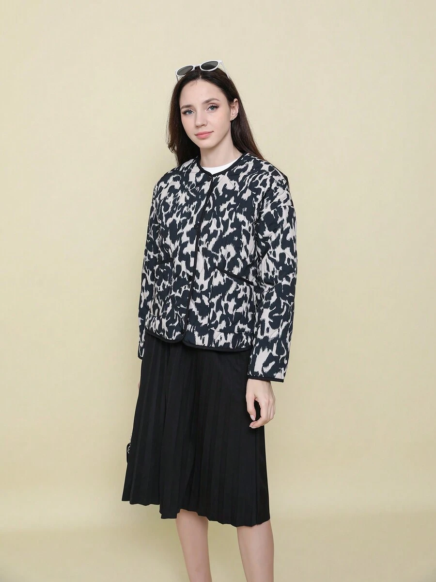 Giacca con stampa semplice e versatile con bottoni, manica lunga, di moda - nero - Visualizzare 1