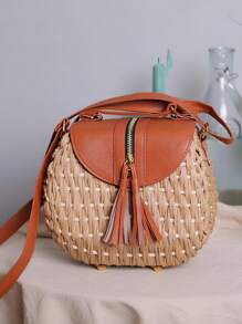 Fashionable Woven Handbag, Versatile For Vacation Or Travel, Straw Shoulder Or Crossbody Bag - Màu Khaki - Xem 1