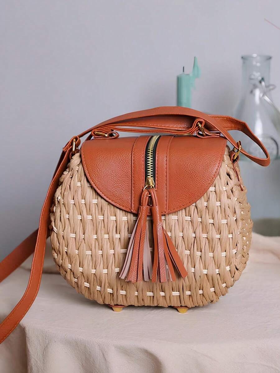 Fashionable Woven Handbag, Versatile For Vacation Or Travel, Straw Shoulder Or Crossbody Bag - Màu Khaki - Xem 1