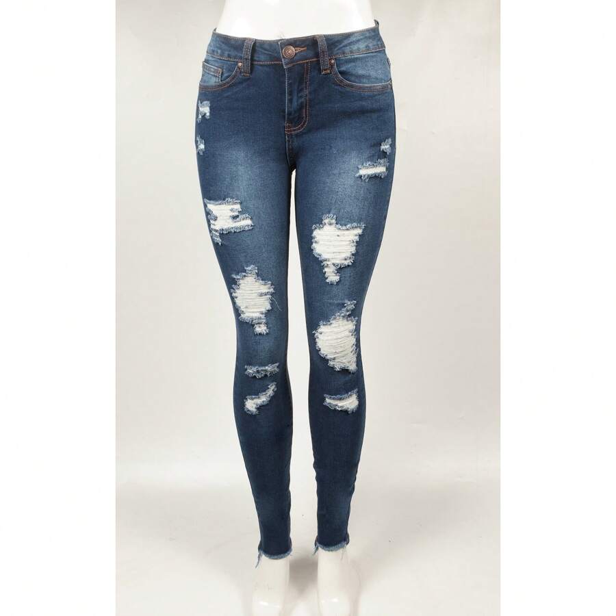 Women's Distressed Skinny Jeans - Rửa trung bình - Xem 1