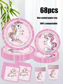 68 Piece Set, Disposable Tableware, Cartoon Unicorn Themed Disposable Paper Tray, 7-Inch Paper Tray, 9-Inch Paper Tray, Tissues, Paper Cups, Food Tray, Party Tray, Materials, Suitable For Various Holiday Decorations Such As Birthday Parties, Afternoon Tea, Weddings, Bridal Showers, Receptions, Parties, Picnics, Camping, Barbecues, Etc.