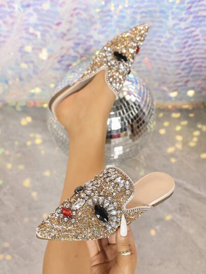 Hot Items: Recommended Luxury Karzilan Big Gem Crystal Diamond Shoes, Skin-Friendly Comfortable Sole, Champagne Sunset Glow. Suitable For Casual Wear, Social Dancing, Crazy Parties, Evening Gowns, Professional Workplace, Fashion Women Pointed Toe Comfortable Flats