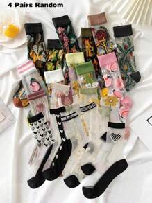 4 đôi tất dài ngang bắp chân in hoa ngẫu nhiên dễ thương - Nhiều màu - Xem 1