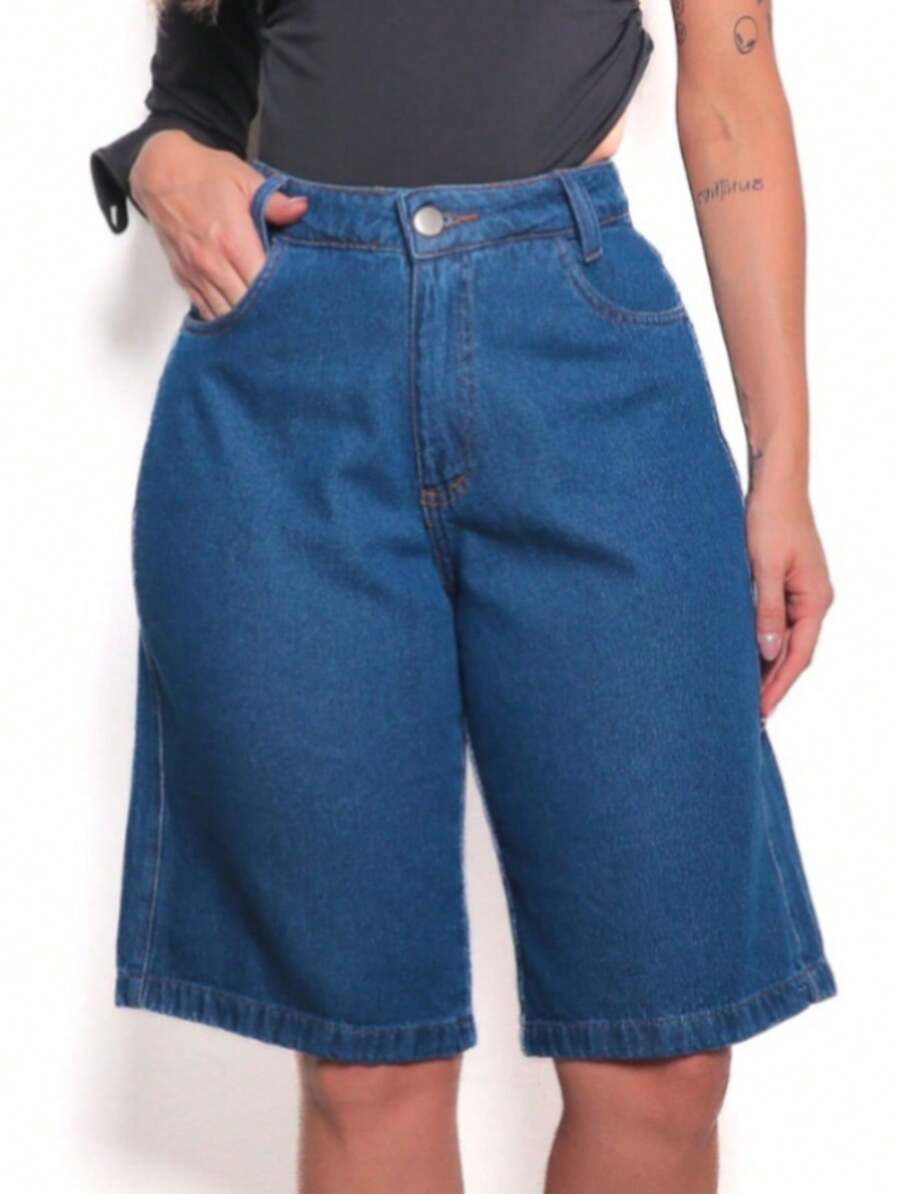 Pengmoda Women's Elegant Casual Knee Length Denim Shorts 505 - 深色水洗藍 - 查看 1