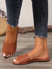 Giày đế bằng thường ngày phong cách Hàn Quốc dành cho nữ, dép hở mũi cho mùa hè, xuân và thu, dép đế bằng La Mã mới cho nữ, giày đế bằng thời trang mặc với váy, bãi biển, căn hộ - màu nâu - Xem 5